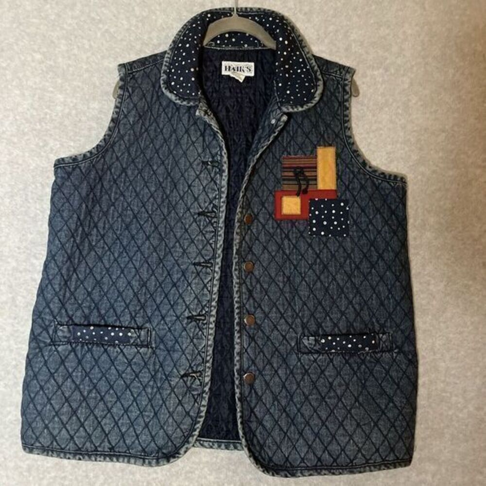 VTG Haik's multi media Artsy Quilted Denim Chore Vest‎ Jacket L Grandma farm